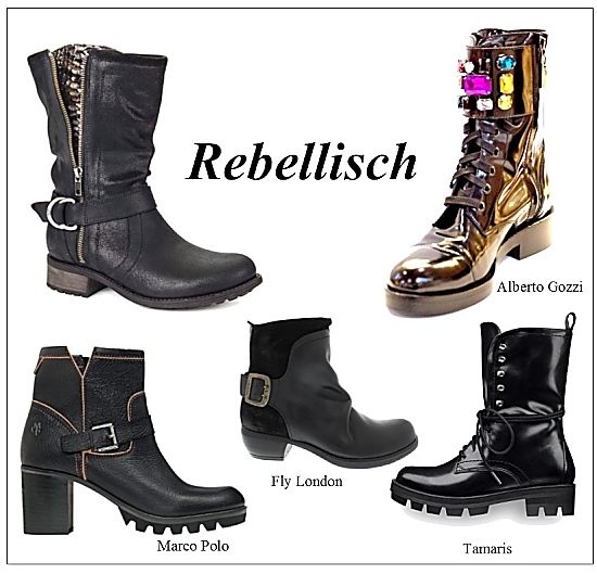 Einflüsse aus der Rock, Punk und Grunge Szene ziehen durch die Schuhmode. Kräftige Profilsohlen, aufgeworfener Vorderkappen sowie metallische Ketten, Zipper, Nieten oder Studs sind typische Details der neuen Looks.